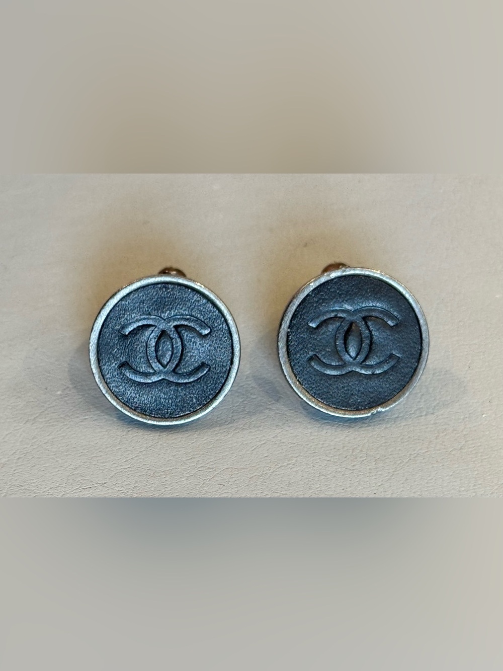 CHANEL Gunmetal 'CC' Round Clip-on Earrings